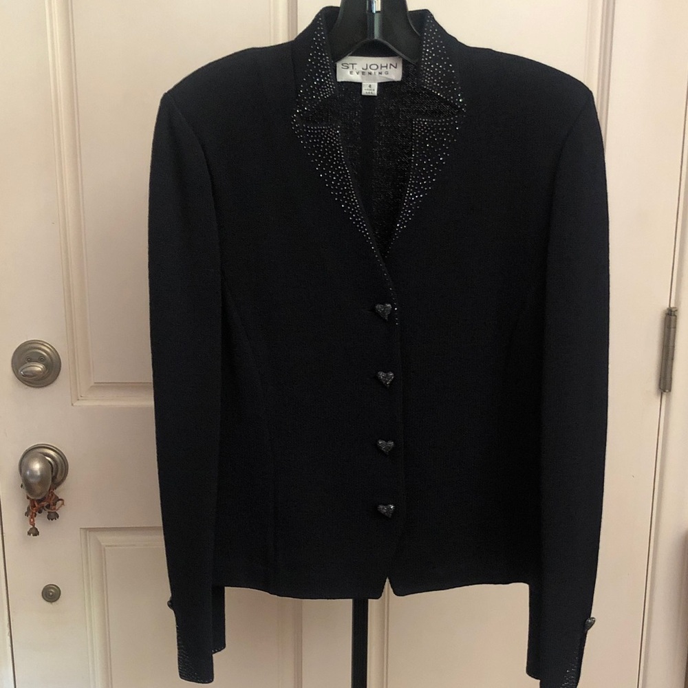 VINTAGE St. John Black Knit Blazer with Rhinestone Trim and Rhinestone buttons.